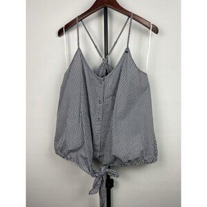 GUESS Navy Gingham‎ Front Tie Button Up Cross Back Tank Blouse Top Size L